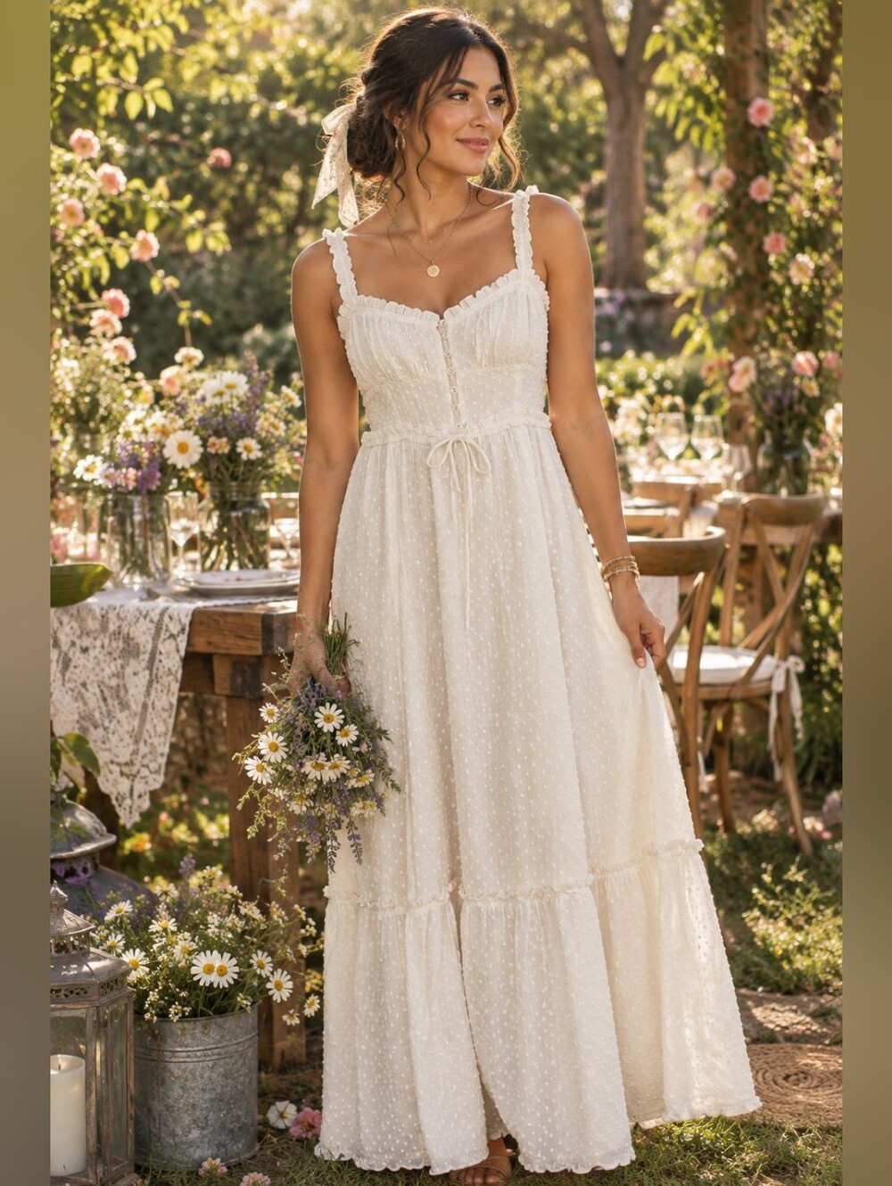 Patrons of Peace Cream Swiss Dot Maxi Dress with Tie Waist